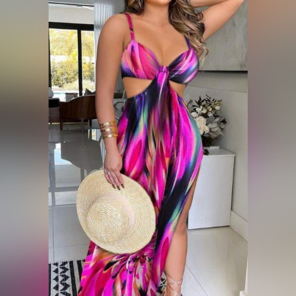 Multicolor Tie Dye Cutout Waist High Slit Maxi Dress